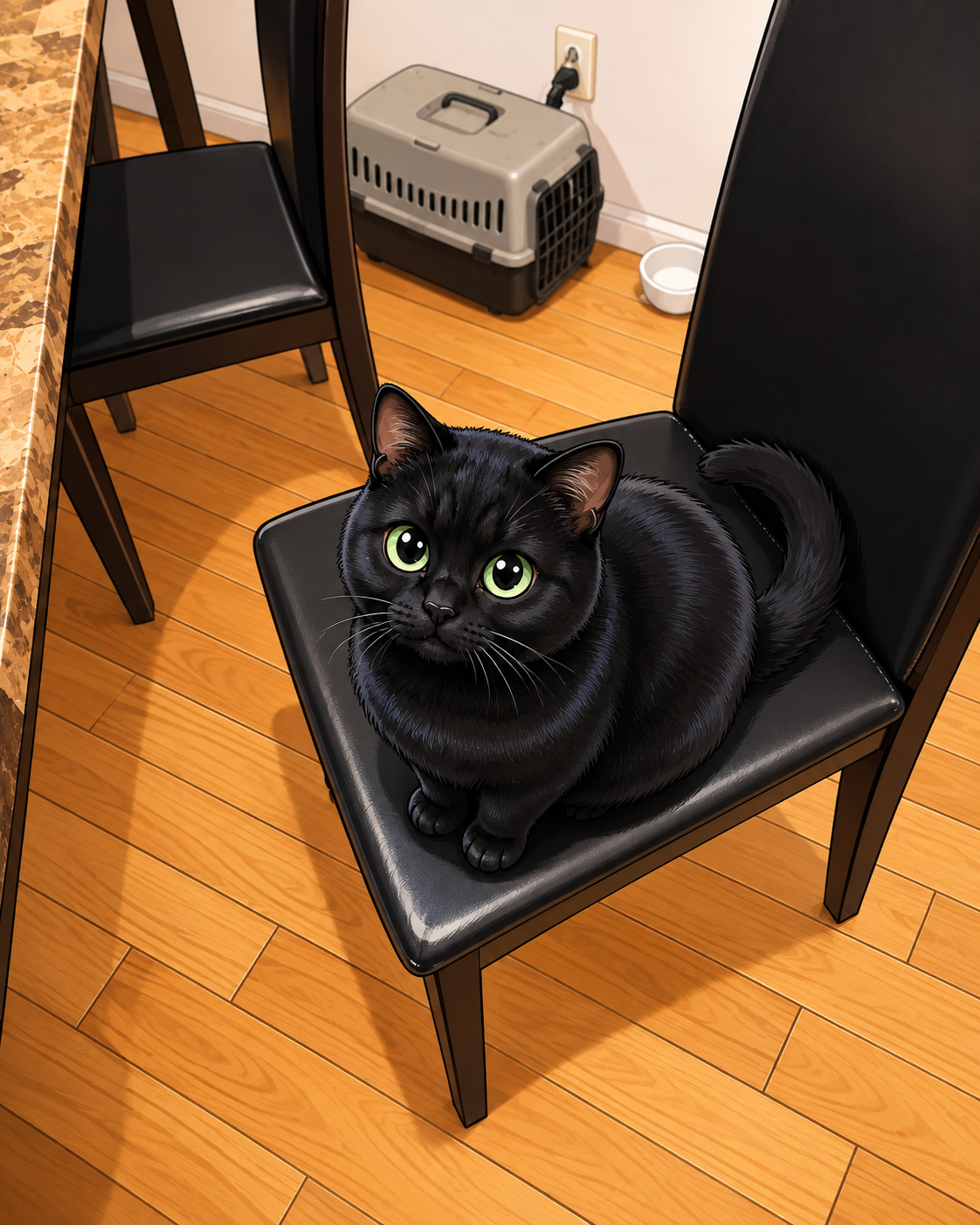 Chat noir en style cartoon assis sur une chaise